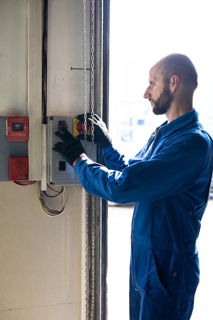 A technician in blue overalls operates a control switch inside a facility, focused and attentive.